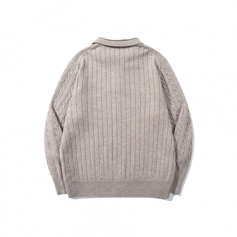 Men's Chunky Knitted Polo Collar Sweater with Cable Pattern and Button Placket Mune Fashion