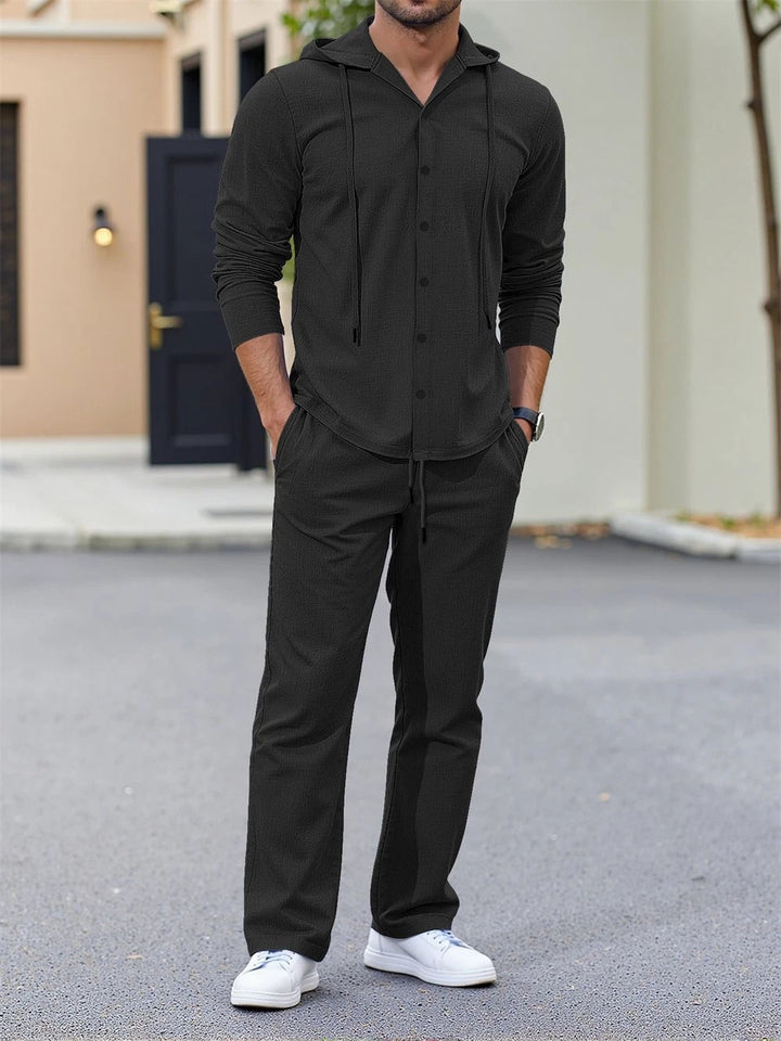 Men's casual two-piece lounge set with hoodie shirt, full button placket, and drawstring pants Mune Fashion