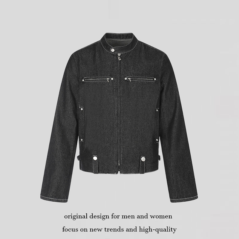 Women's short denim biker jacket with stand-up collar, zipper and snap button details Mune Fashion