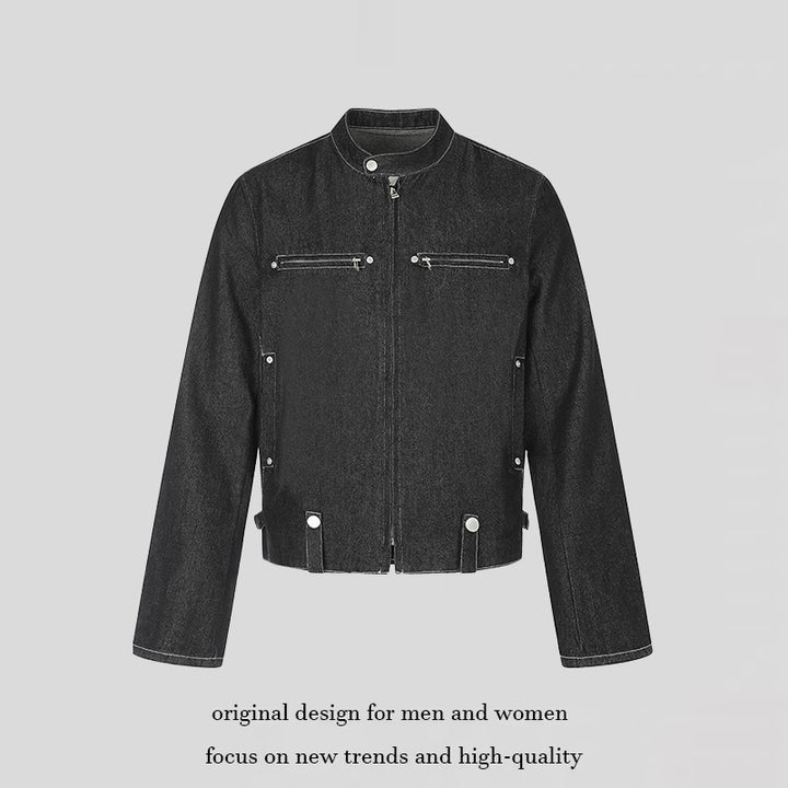 Women's short denim biker jacket with stand-up collar, zipper and snap button details Mune Fashion
