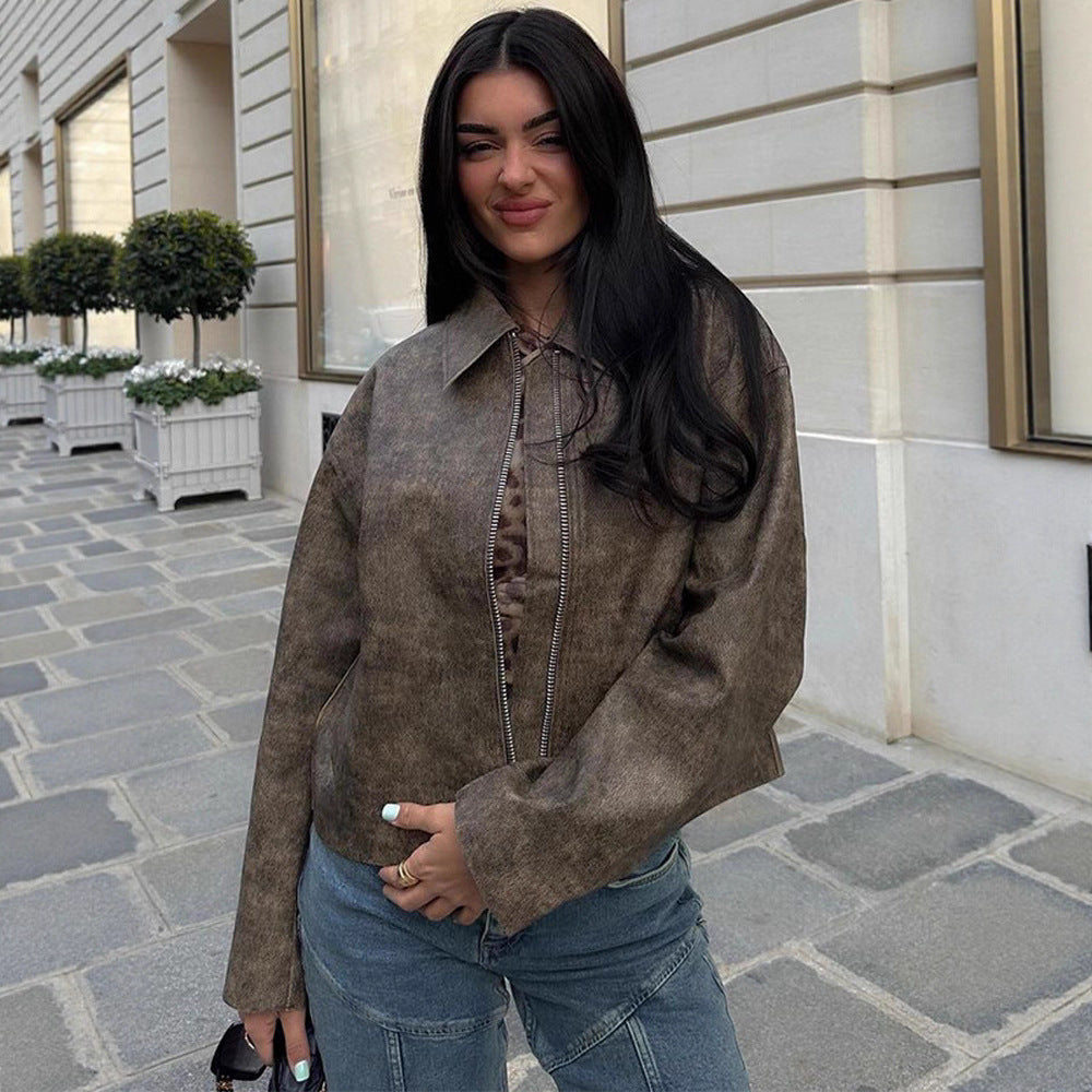 Women's Short Boxy Jacket in Vintage Suede Look with Distinctive Metal Zipper Mune Fashion