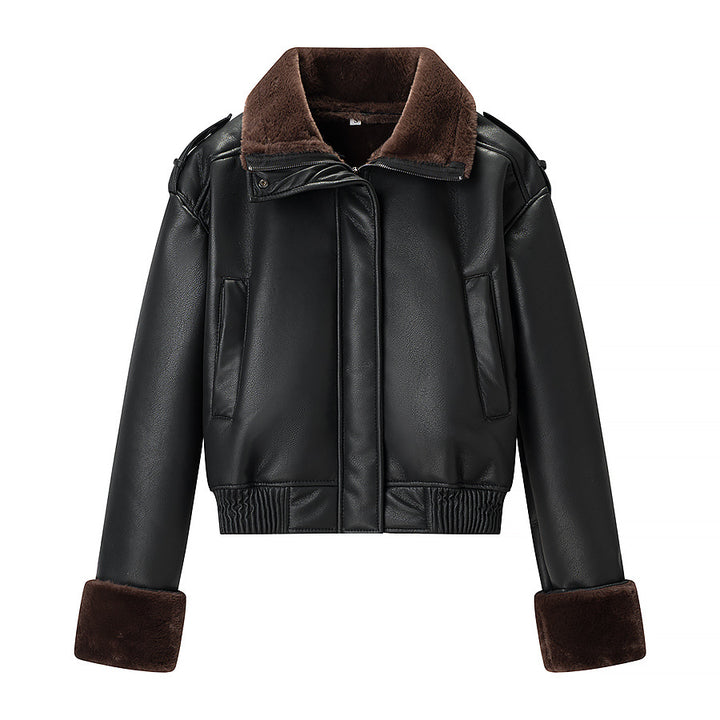 Women's Short Cut Bomber Jacket made of Faux Leather with Teddy Lining, Notched Collar and Rollable Cuffs Mune Fashion