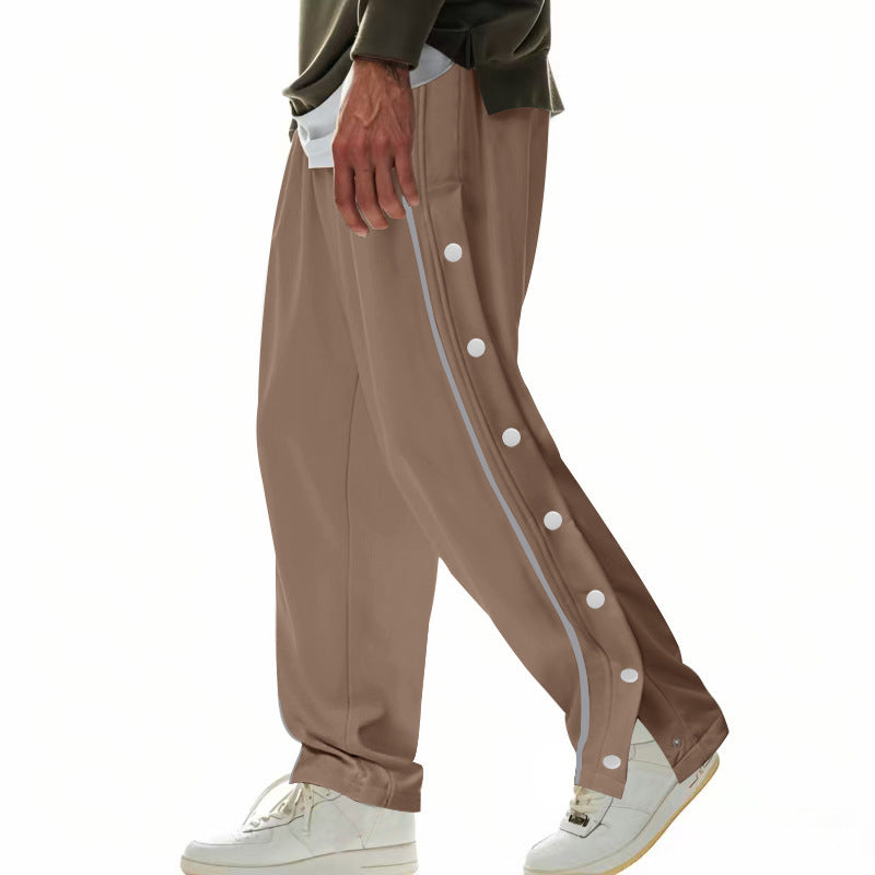 Men's wide training pants with side snap button placket, contrast stripes, elastic waistband, and straight leg Mune Fashion