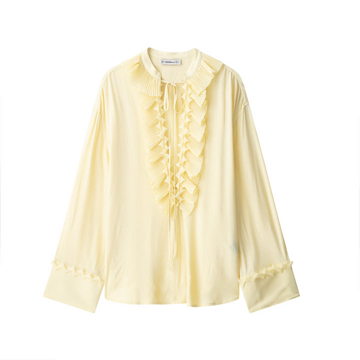 Ladies 30+ romantic blouse with pleated ruffle, tie band and wide sleeves Mune Fashion