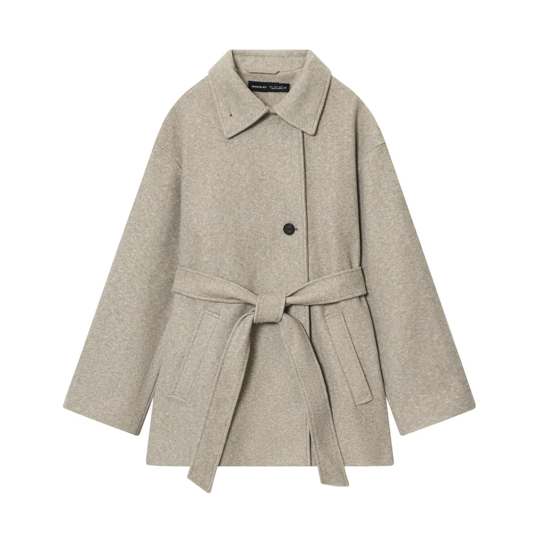 Women's short wool blend coat with tie belt, dropped shoulder and patch pockets Mune Fashion