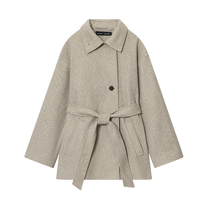 Women's short wool blend coat with tie belt, dropped shoulder and patch pockets Mune Fashion