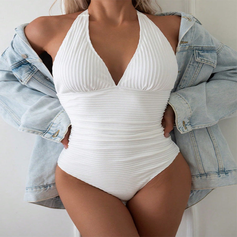Women's one-piece swimsuit with sophisticated V-neckline and textured surface Mune Fashion