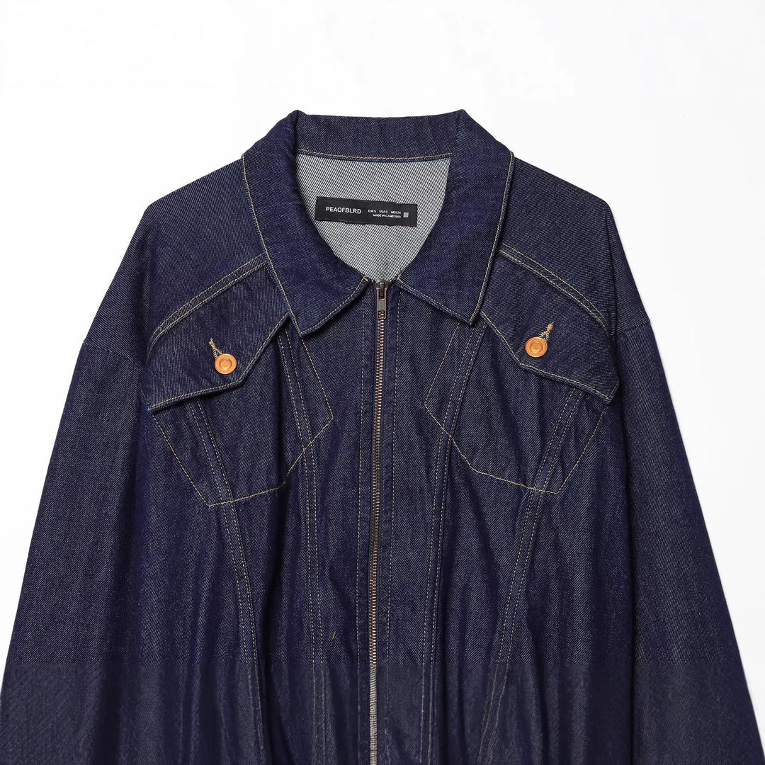 Women's Short Denim Jacket with Zipper, Tailored Drawstring and Western Details Mune Fashion