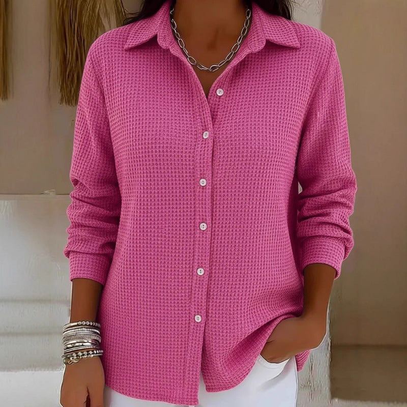 Women's Structured Shirt Blouse in Waffle Knit with Classic Collar and Continuous Button Placket Mune Fashion