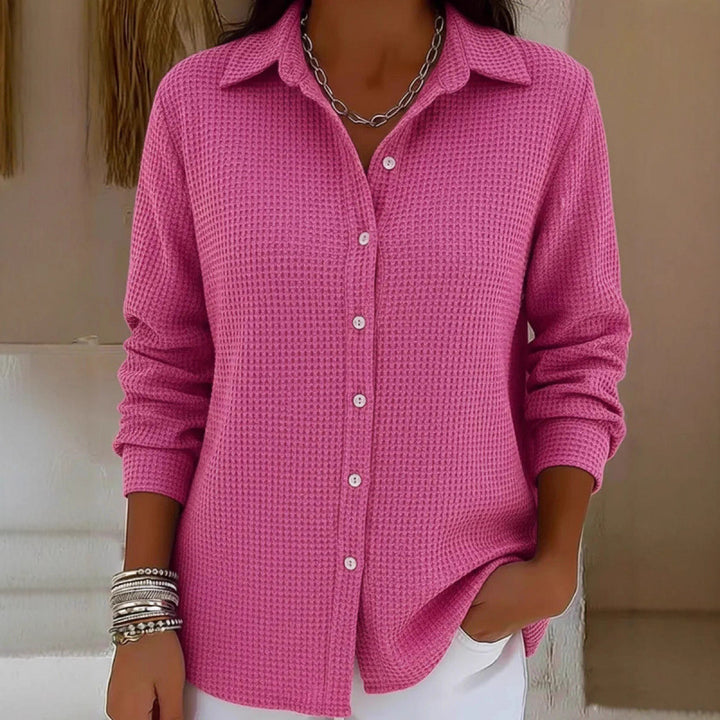 Women's Structured Shirt Blouse in Waffle Knit with Classic Collar and Continuous Button Placket Mune Fashion