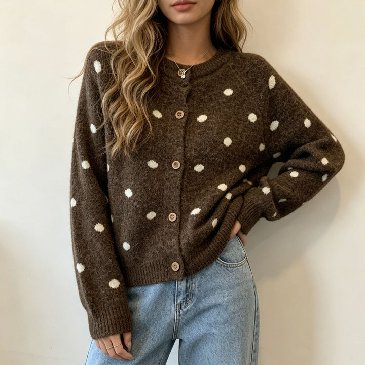Women's Polka Dot Mohair-Style Button Cardigan with Round Neck Mune Fashion