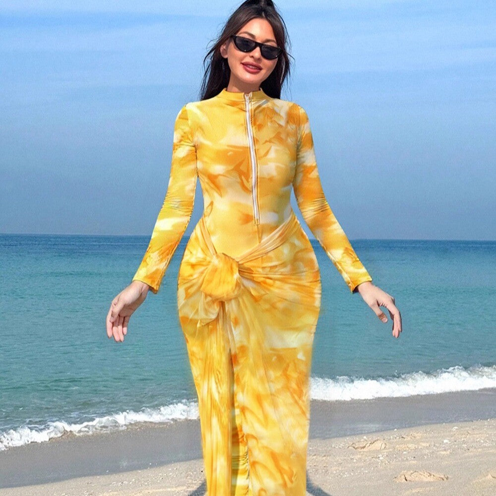 Women's Fashionable Beach Suit with Long Sleeve and Wrap Detail Mune Fashion