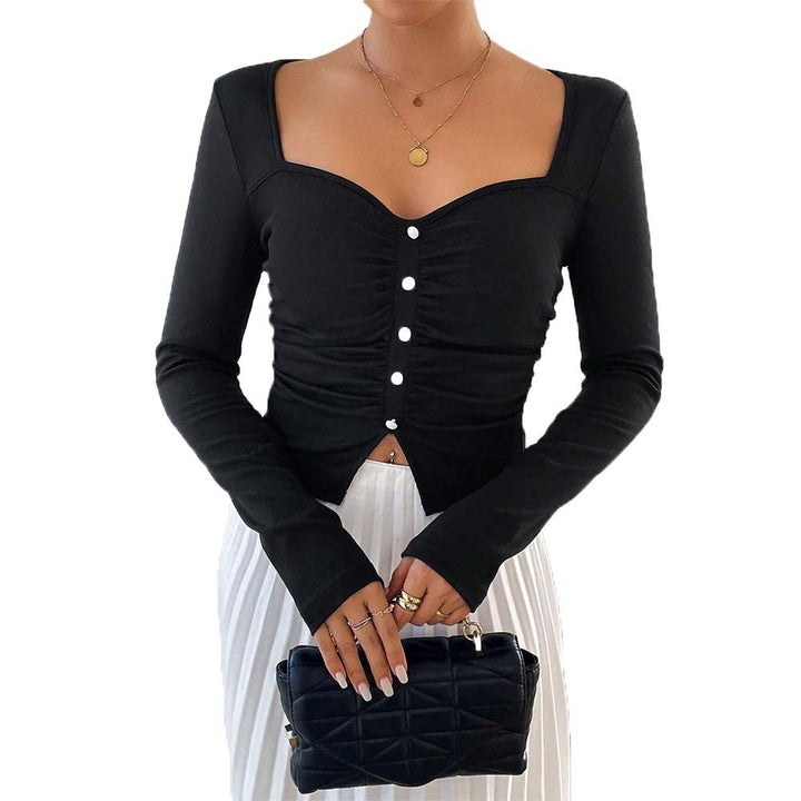 Ladies' figure-hugging gathered long-sleeve cropped top with square neckline and decorative button placket Mune Fashion