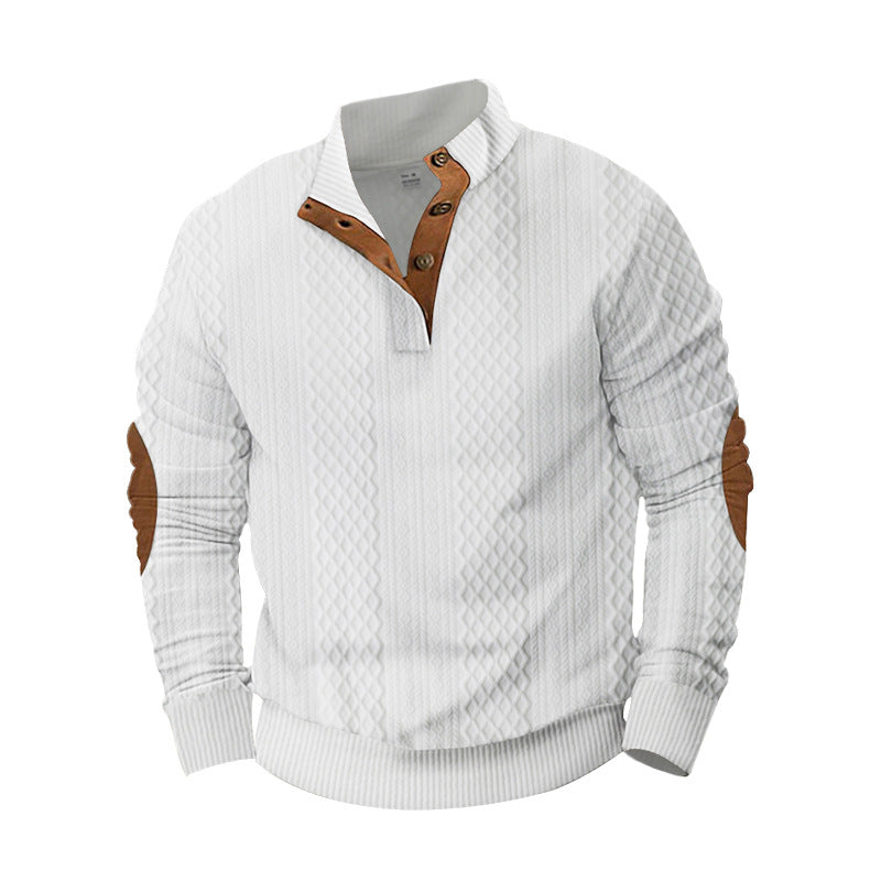Men's structured Henley pullover with stand-up collar, button placket and leather-look elbow patches Mune Fashion