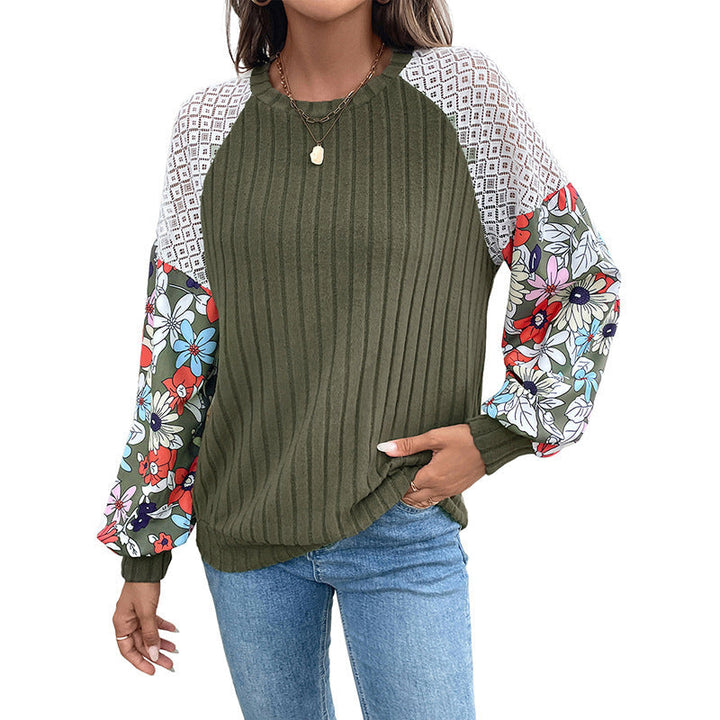 Women's Ribbed Sweater with Crochet Shoulder Inserts and Floral Balloon Sleeves Mune Fashion