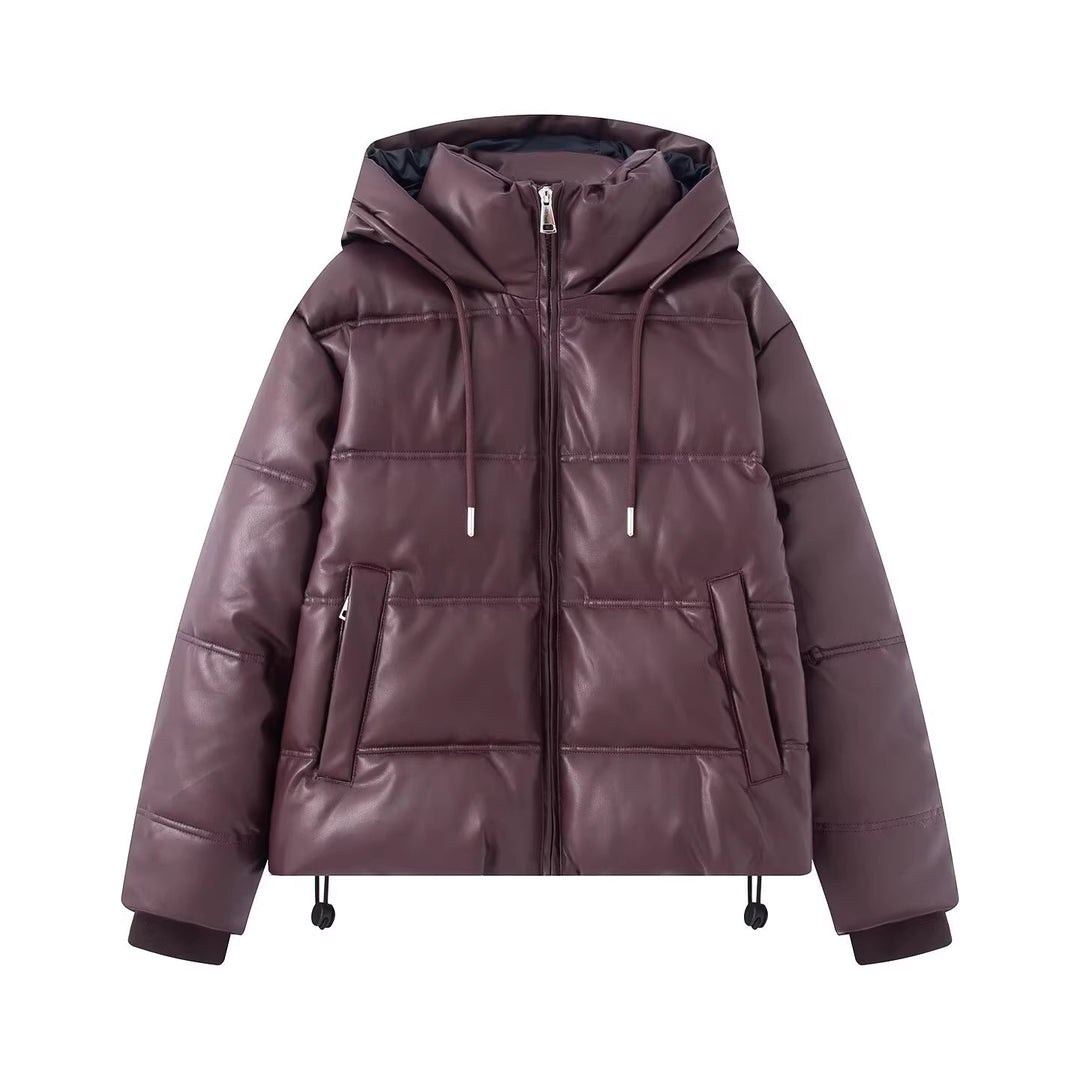 Women's Short Quilted Faux Leather Puffer Jacket with Hood, Drawstring and Side Pockets Mune Fashion