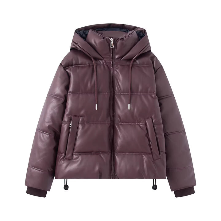 Women's Short Quilted Faux Leather Puffer Jacket with Hood, Drawstring and Side Pockets Mune Fashion