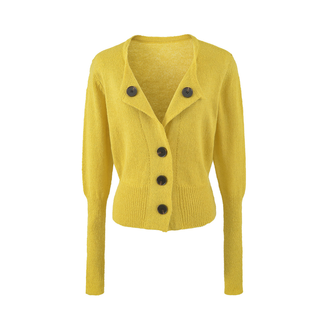 Women's Cropped Tailored Cardigan with Shawl Collar and Large Decorative Buttons Mune Fashion