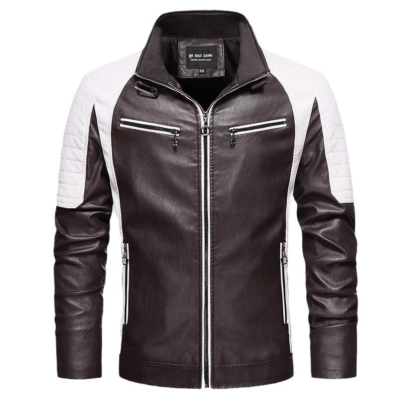 Men's biker faux leather jacket in racing style with stand-up collar and zippered pockets Mune Fashion