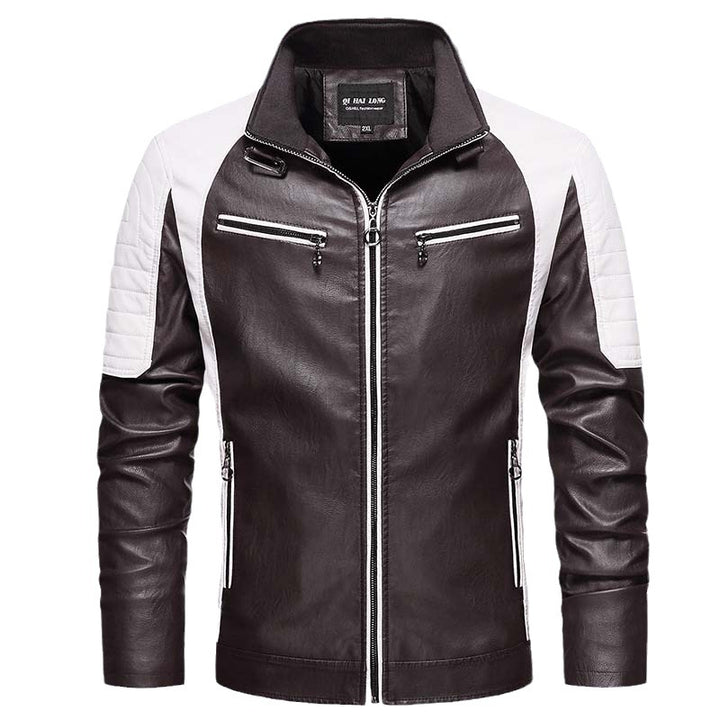 Men's biker faux leather jacket in racing style with stand-up collar and zippered pockets Mune Fashion