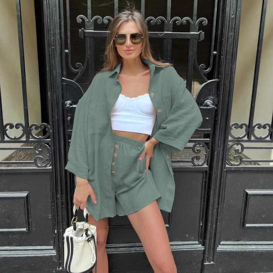 Ladies casual muslin two-piece set with oversized shirt and elastic high-waist shorts Mune Fashion