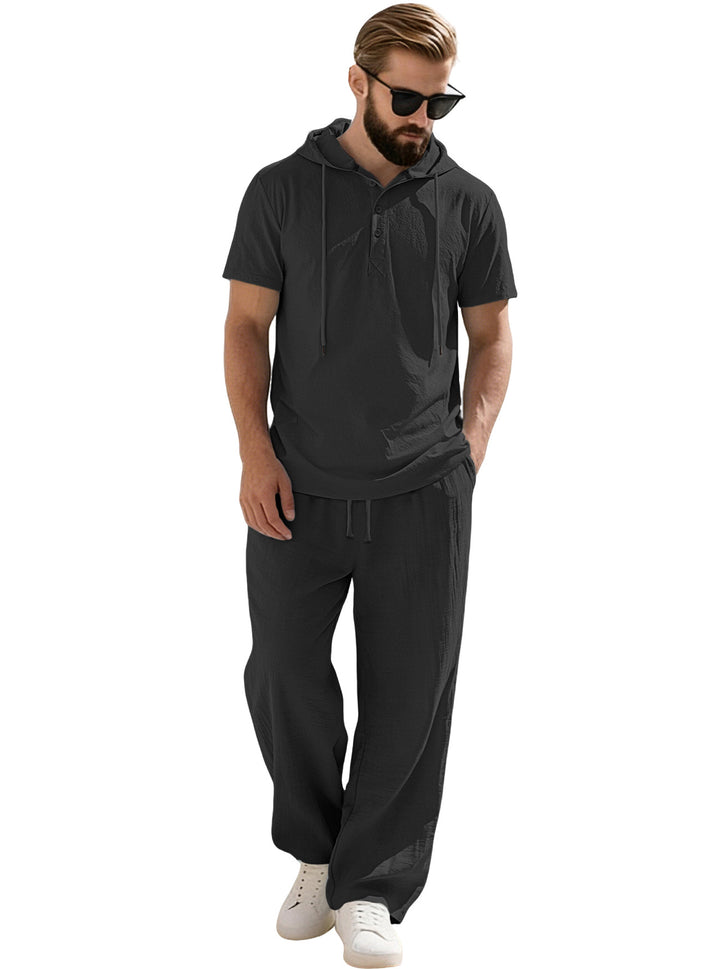 Men's casual short-sleeve hooded shirt in crinkled cotton blend with Henley button placket Mune Fashion