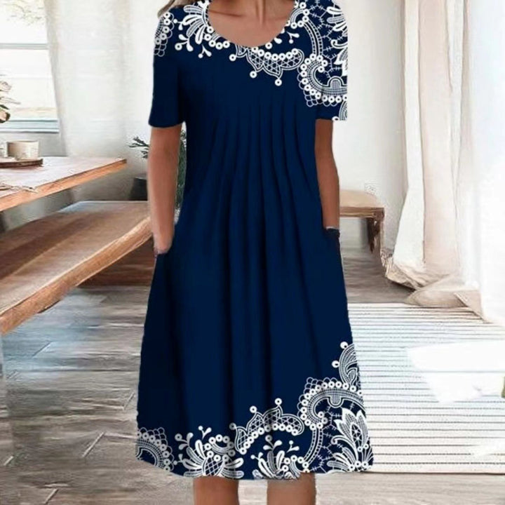 Women Pleated Midi Dress with Short Sleeves, Side Pockets and Floral Hem Mune Fashion