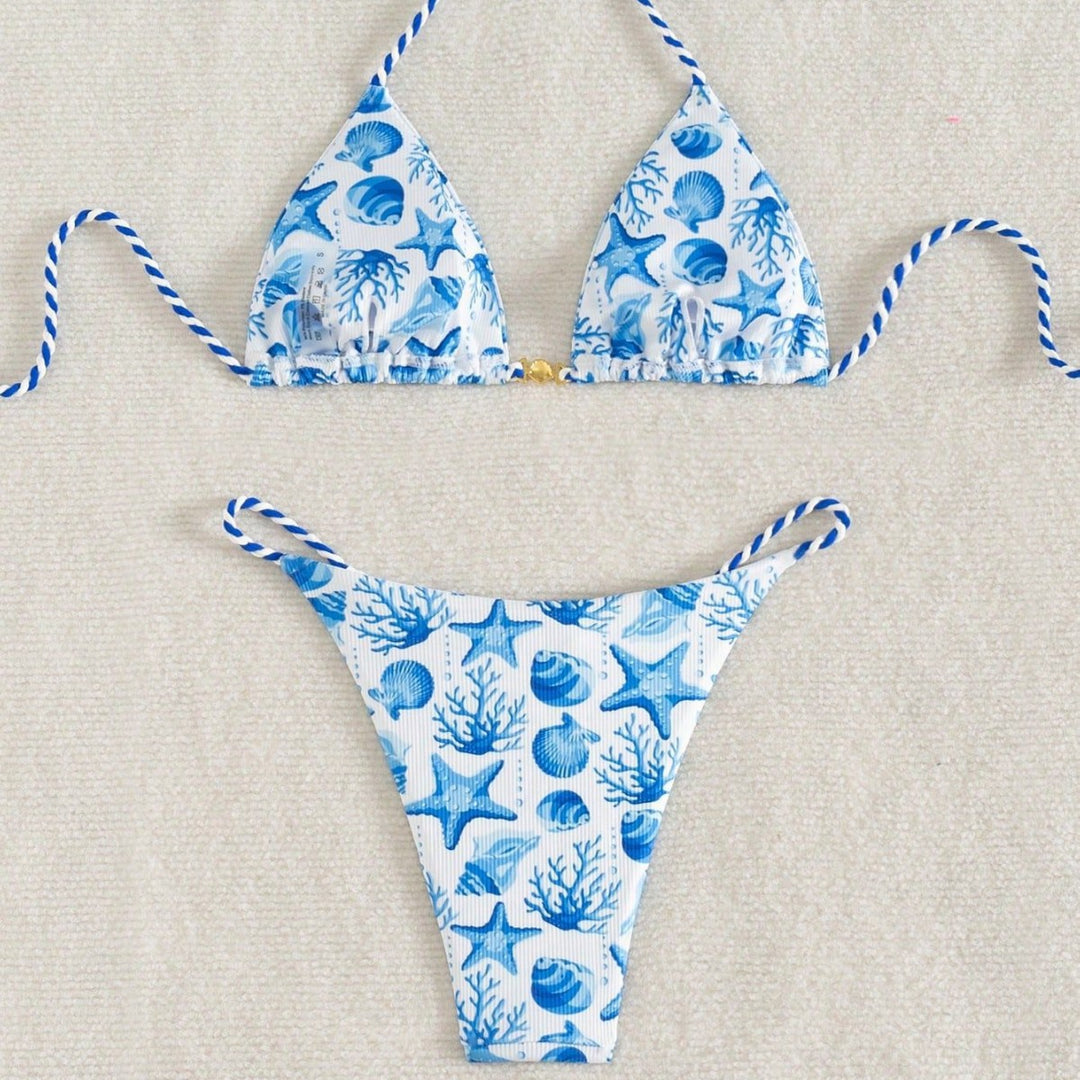 Women's triangle bikini with maritime motifs and playful cord ties Mune Fashion