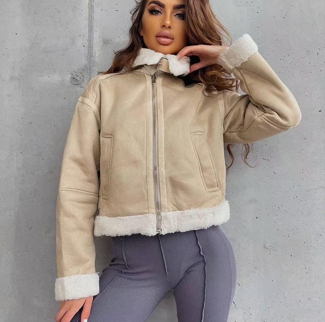 Women's High-Cut Pilot Jacket made of Vegan Leather Look with Teddy Lining and Zipper Mune Fashion