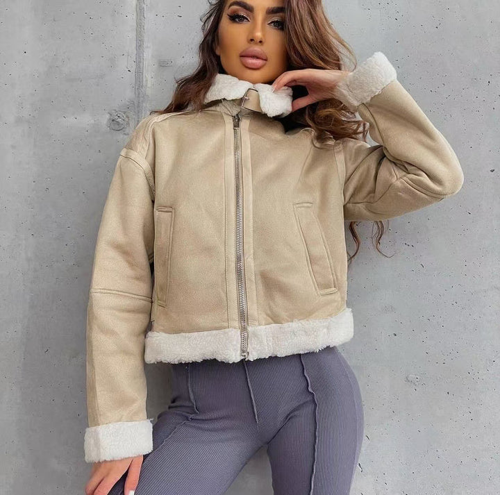 Women's High-Cut Pilot Jacket made of Vegan Leather Look with Teddy Lining and Zipper Mune Fashion