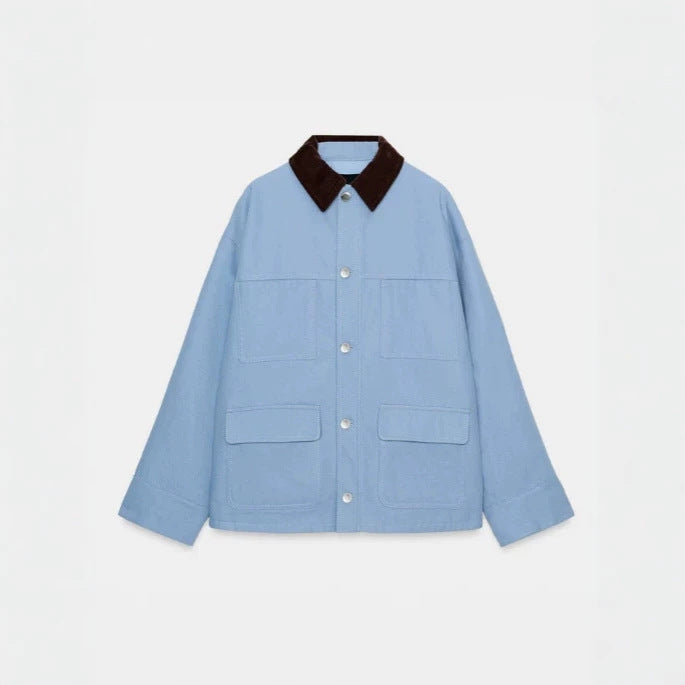 Women's short chore jacket made of canvas with cord collar and four patch pockets Mune Fashion