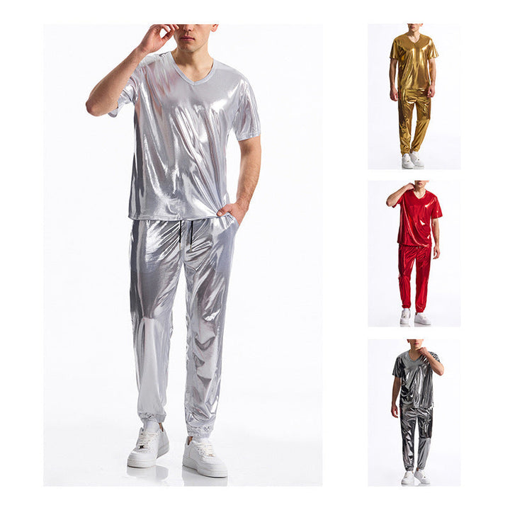 Men's Sporty Set Made Of Shiny Material with V-Neck Mune