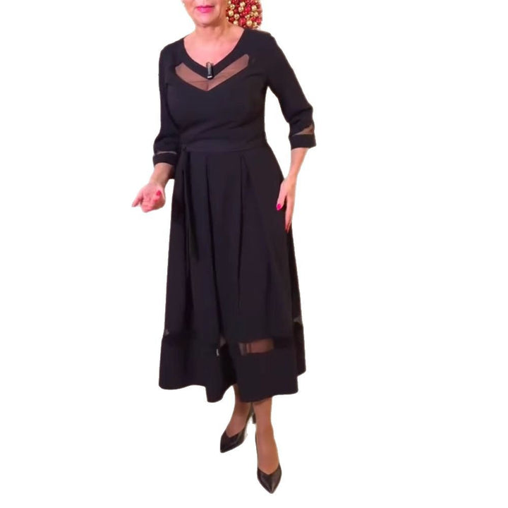 Women's fitted midi dress with transparent mesh inserts, tie belt and feminine A-line Mune Fashion