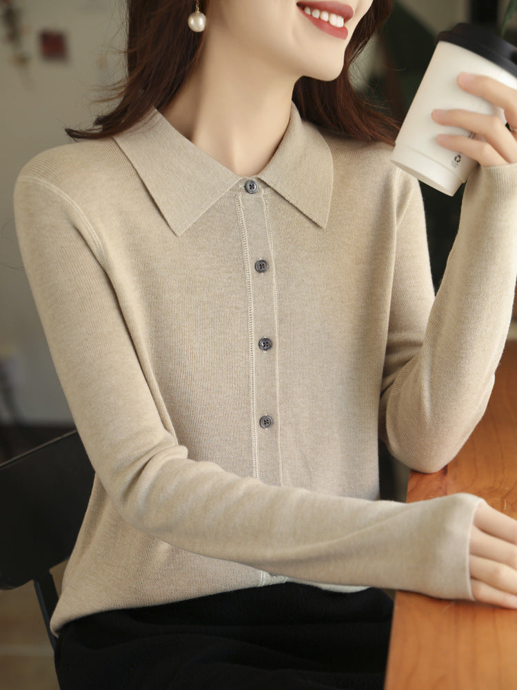Women Lightweight Fine Knit Cardigan with Polo Collar and Continuous Button Placket Mune Fashion