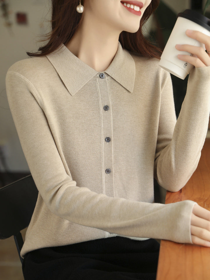 Women Lightweight Fine Knit Cardigan with Polo Collar and Continuous Button Placket Mune Fashion