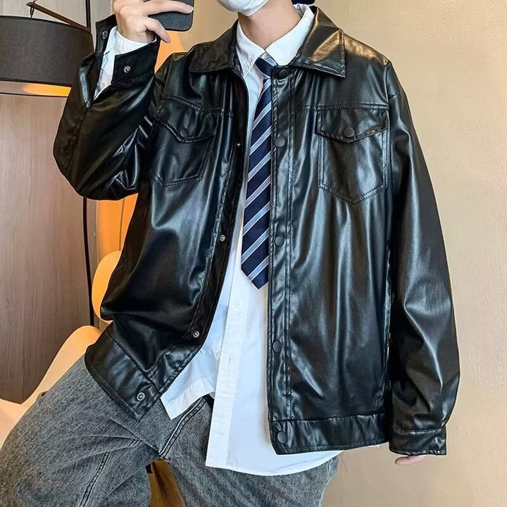 Men's Oversized Faux Leather Shirt Jacket in Boxy Look with Flap Pockets and Snap Placket Mune Fashion