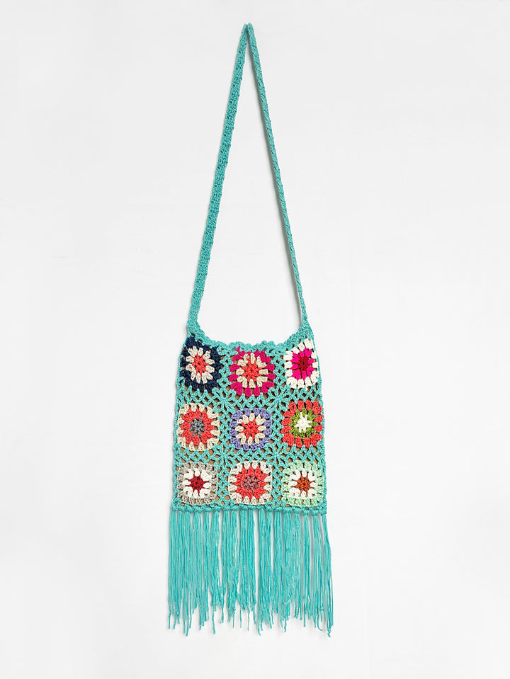 Women crocheted shoulder bag with colorful floral patterns and fringes Mune Fashion