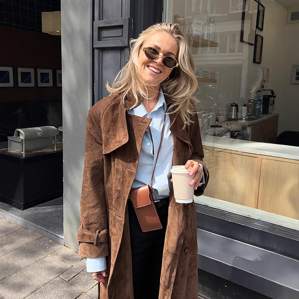 Women Maxi Long Suede Trench Coat with Tied Belt Mune Fashion