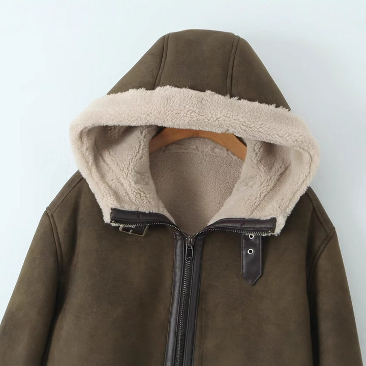 Women's Hooded Lambskin Imitation Bomber Jacket with Teddy Lining and Zip Mune Fashion