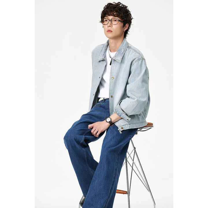 Unisex Striped Oversized Denim Jacket in Worker Style with Stand-Up Collar and Two-Way Zip Mune Fashion