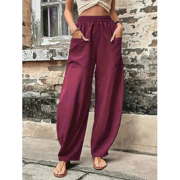 Women Wide Linen Trousers with Elastic Waistband, Patch Pockets and Casual Harem Cut Mune Fashion