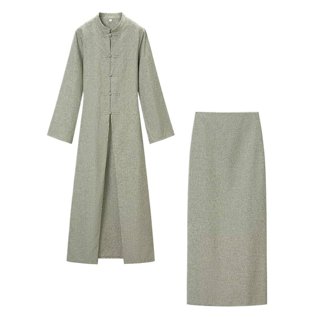 Women's Long Sleeve Maxi Dress with Stand Collar Toggle Button Closure and Front Slit Mune Fashion