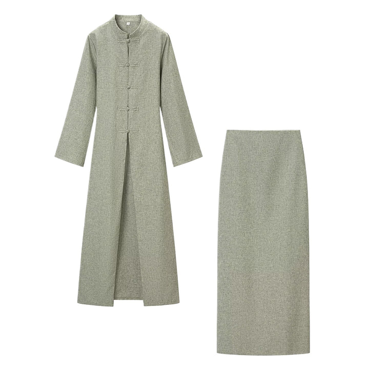 Women's Long Sleeve Maxi Dress with Stand Collar Toggle Button Closure and Front Slit Mune Fashion