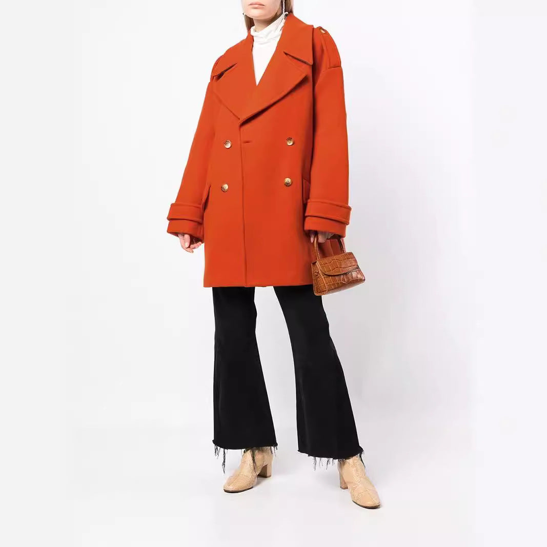 Women's Oversized Double-Breasted Short Coat made of Wool Blend with Extra Wide Sleeves and Golden Decorative Buttons Mune Fashion