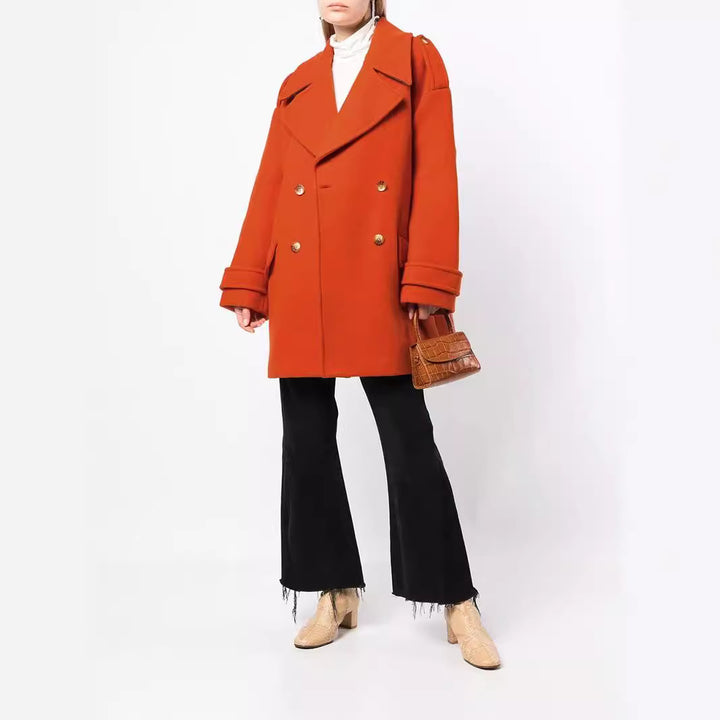 Women's Oversized Double-Breasted Short Coat made of Wool Blend with Extra Wide Sleeves and Golden Decorative Buttons Mune Fashion