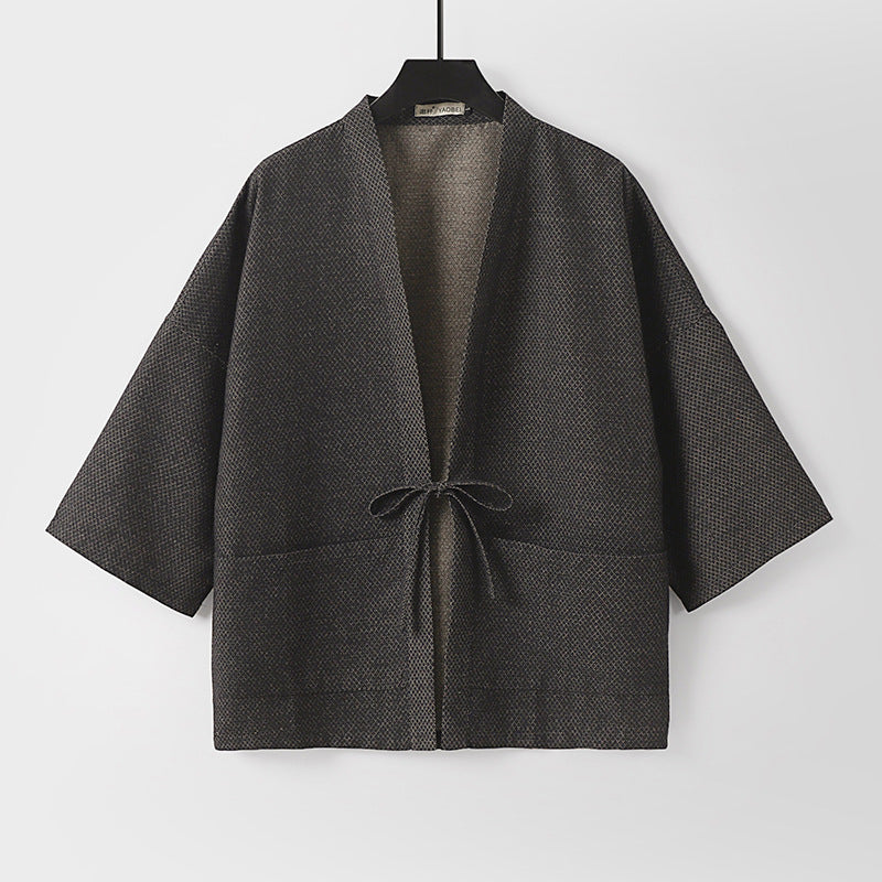 Men's Loose Kimono Cardigan made of textured cotton blend with short sleeves and tie Mune Fashion