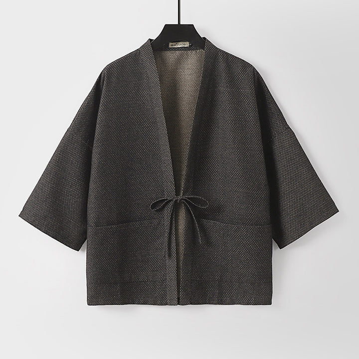 Men's Loose Kimono Cardigan made of textured cotton blend with short sleeves and tie Mune Fashion