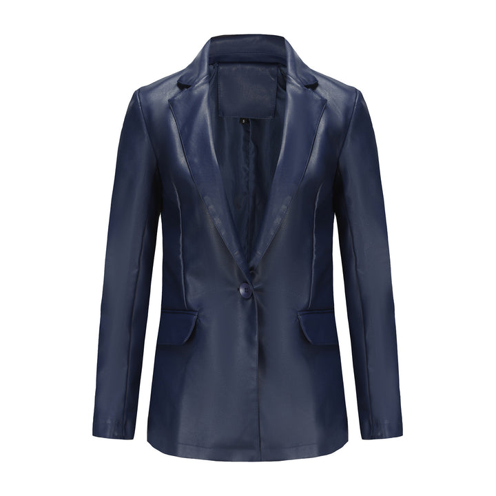 Women's fitted blazer made of faux leather with notch collar and flap pockets Mune Fashion