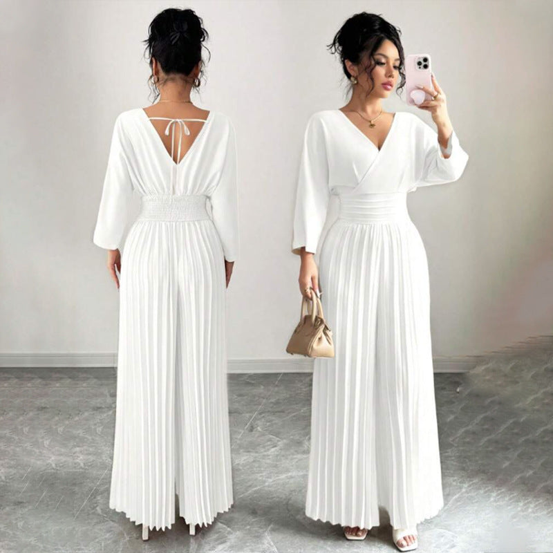 Women Elegant Pleated Jumpsuit with V-Neck Mune Fashion