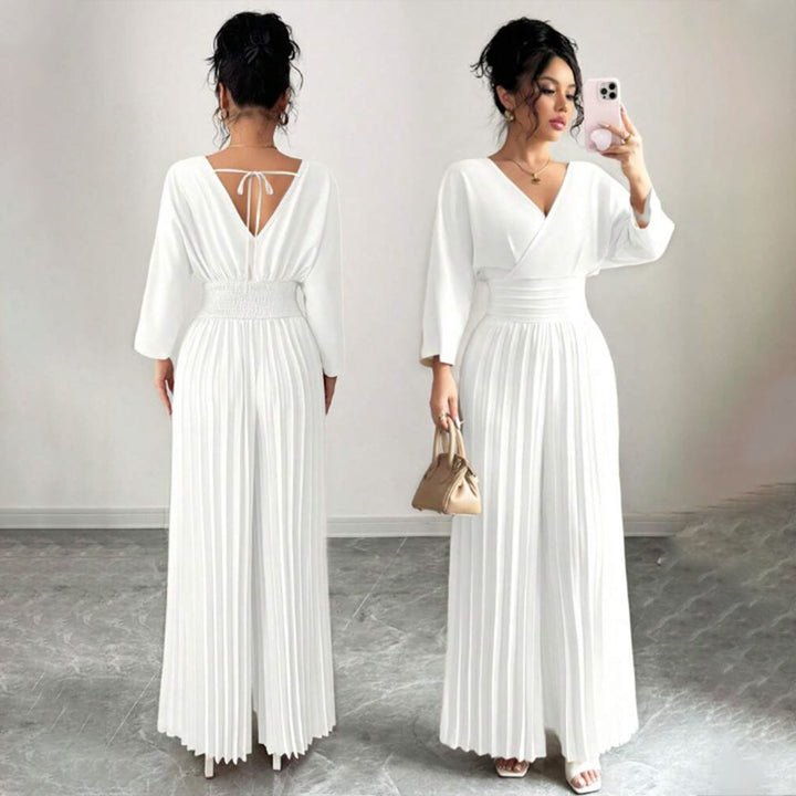 Women Elegant Pleated Jumpsuit with V-Neck Mune Fashion